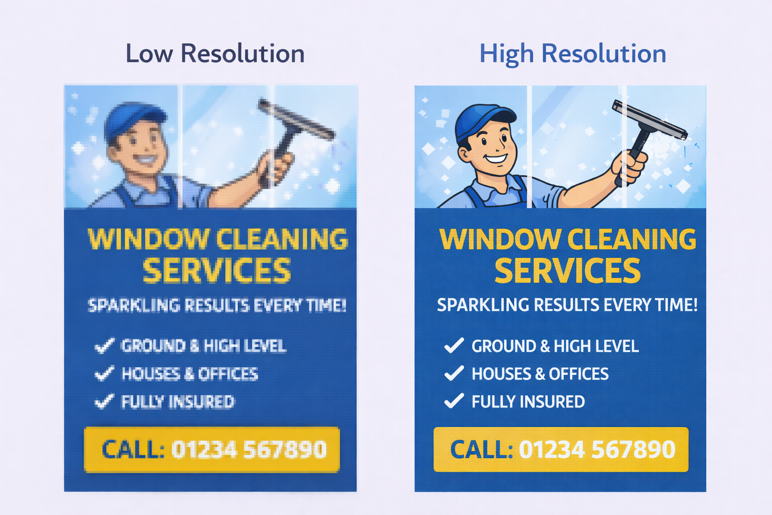 Low resolution image example showing pixelation next to high resolution